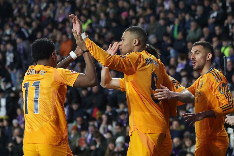 Kylian Mbappé en festejo de gol con el Real Madrid, durante en partido contra Valladolid en la Jornada 21 de LaLiga - Foto: EFE