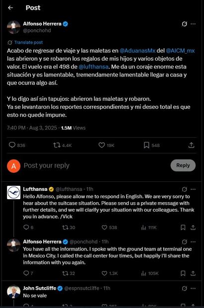 Al arribar al Aeropuerto Internacional de la Ciudad de México, Alfonso “Poncho” Herrera descubrió que le sustrajeron pertenencias personales, incluyendo obsequios para sus hijos.
Foto: Captura de pantalla en X