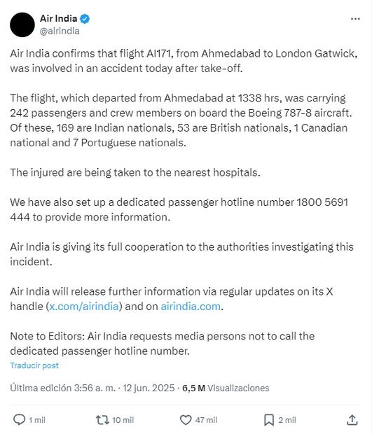 Comunicado de Air India tras accidente aéreo. Fuente: x