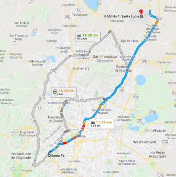 ¿Cuánto tiempo harás de la base de Santa Lucía al aeropuerto de la CDMX y al de Toluca?