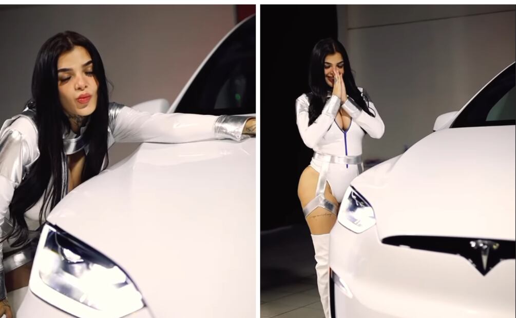 Karely Ruiz con su nuevo auto Tesla