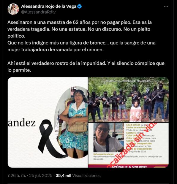 Publicación de Alessandra Rojo de la Vega en X por asesinato de la maestra jubilada y taxista Irma Hernández. Foto: captura de  pantalla