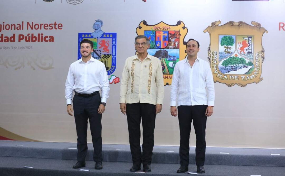 Gobernadores de Nuevo León, Samuel García (izquierda); Tamaulipas, Américo Villarreal (centro) y de Coahuila, Manolo Jiménez Salinas (derecha) (03/06/2025). Foto: Especial