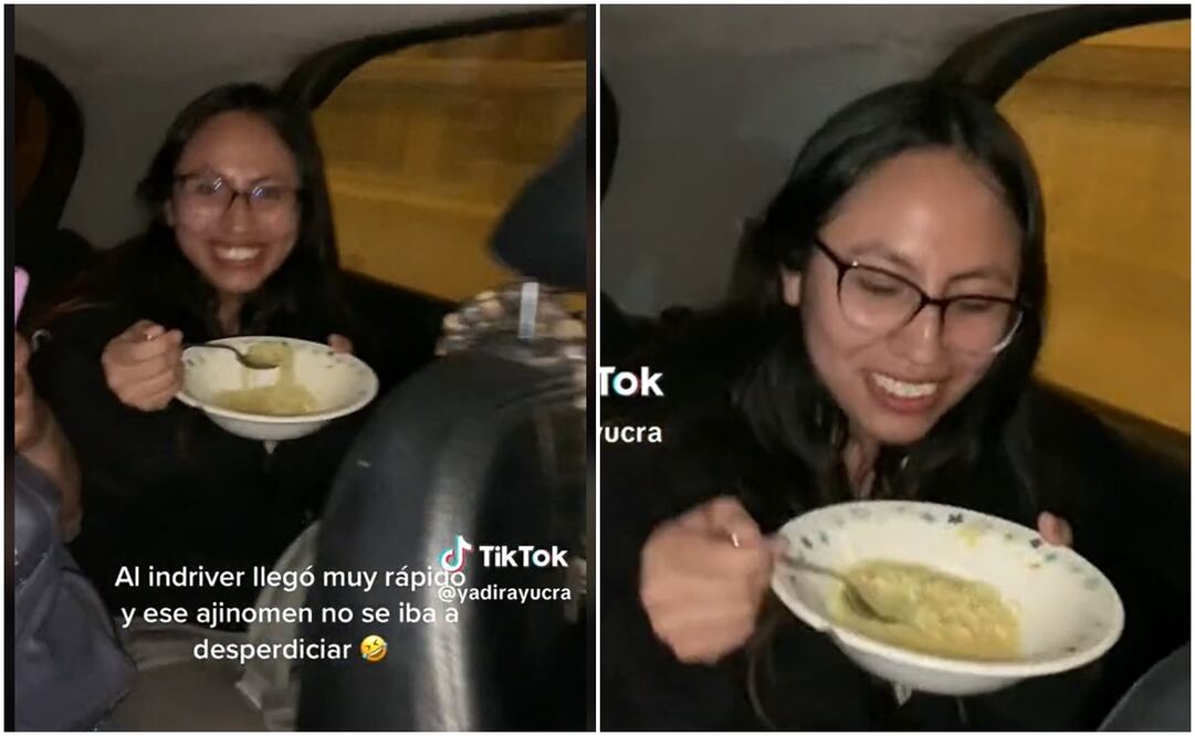 Joven come sopa en taxi. Foto: TikTok @yadirayucra
