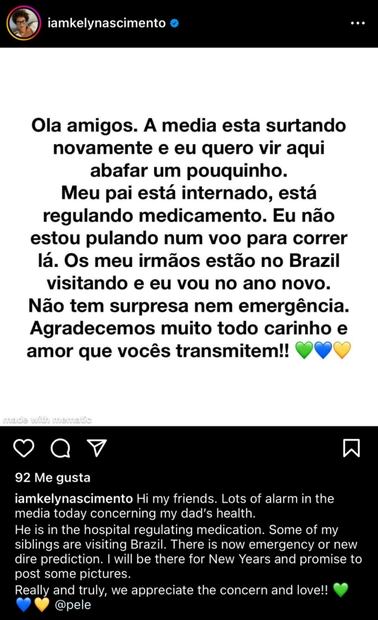 Hija de Pelé desmiente rumores y asegura que su padre está fuera de peligro