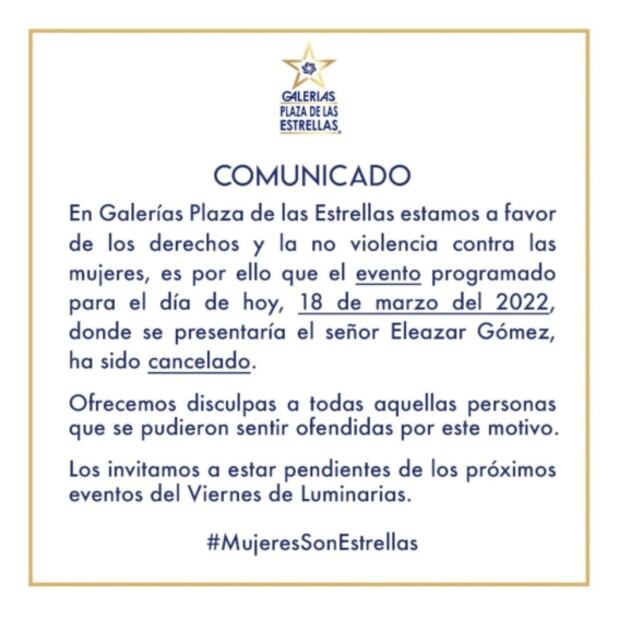 Cancelan evento donde premiarían a Eleazar Gómez: "Estamos a favor de la no violencia contra las mujeres"