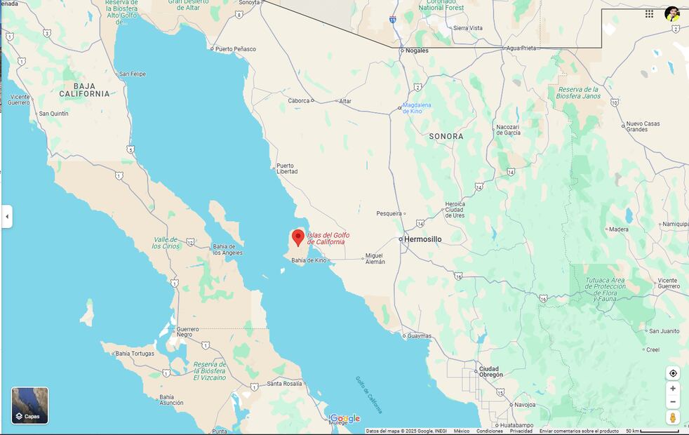 Mapa de ubicación de la Isla Tiburón en el Golfo de California. Foto: Google Maps