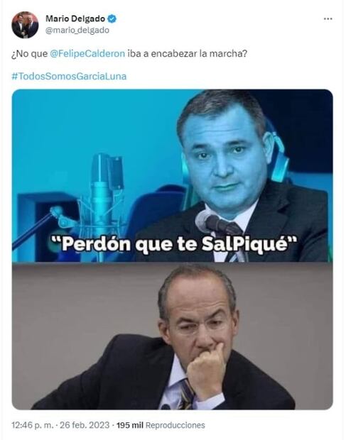 "Perdón que te sal-pique"; Mario Delgado hace meme a García Luna con canción de Shakira