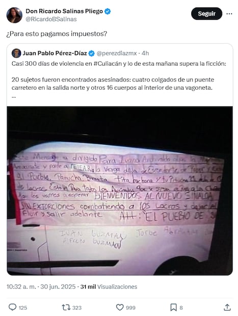 El empresario Salinas Pliego reacciona a fin de semana violento en Culiacán, Sinaloa. Foto: X / Captura de pantalla