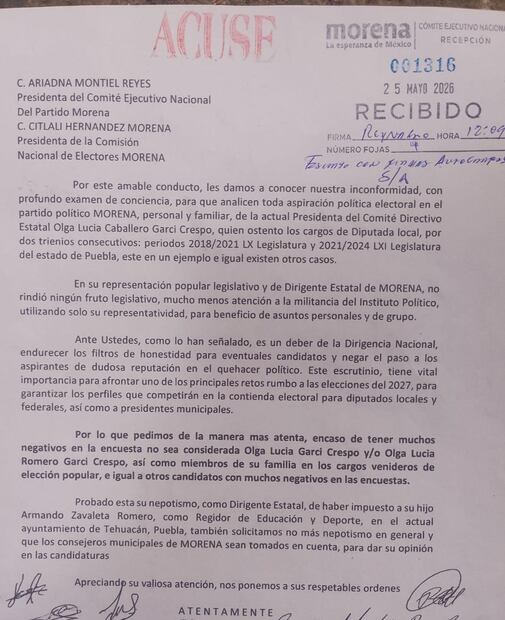 Carta contra Olga Lucía Garci Crespo.