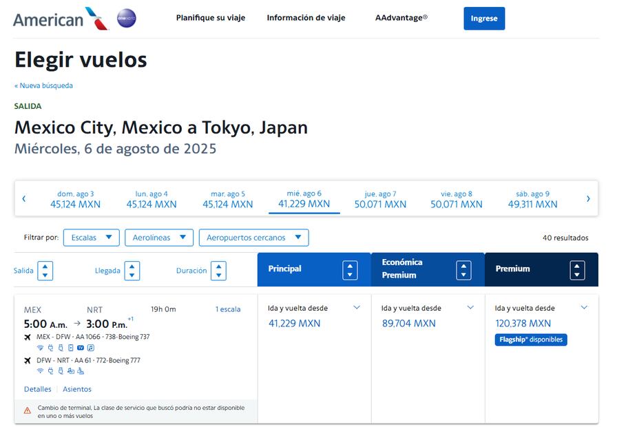 Esto es lo que cuesta volar a Tokio desde CDMX. Foto: Captura de pantalla