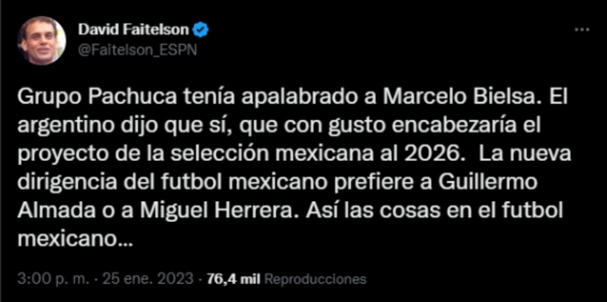 David Faitelson revela que Grupo Pachuca tenía apalabrado a Marcelo Bielsa para la Selección Mexicana