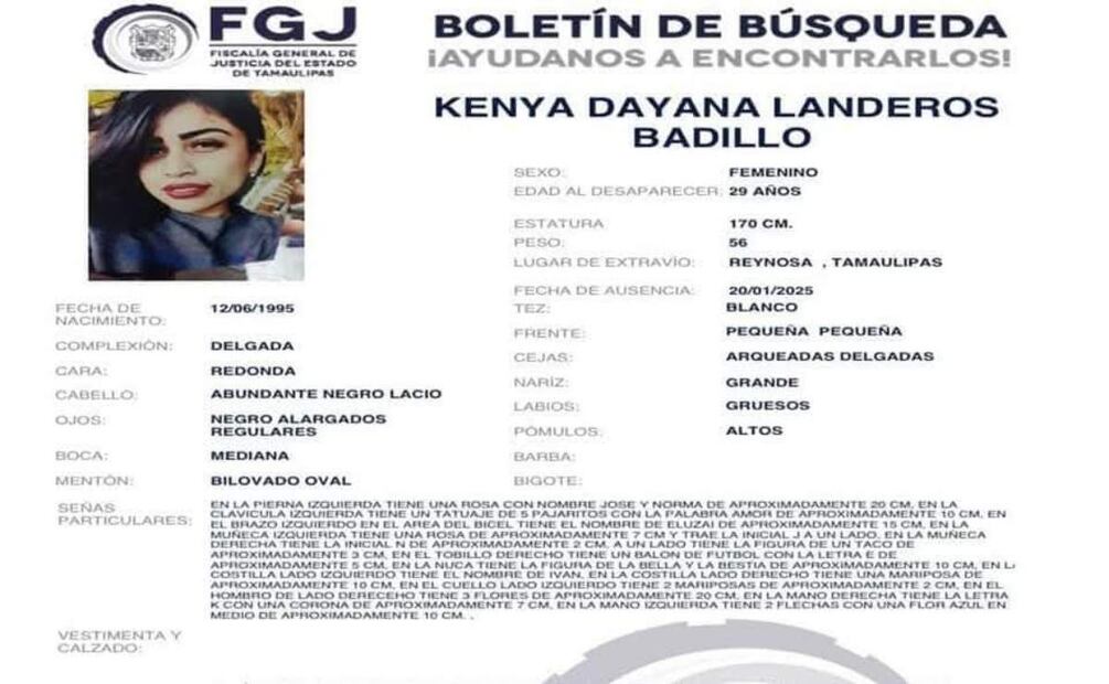 Ficha de búsqueda de Kenya Dayana, desaparecida en enero del 2025 en Tamaulipas (26/04/2025). Foto: Especial