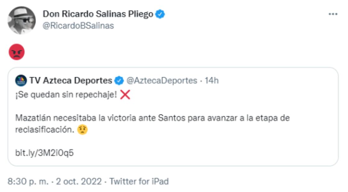 Ricardo Salinas, enojado luego de que Mazatlán no se metiera al repechaje de la Liga MX
