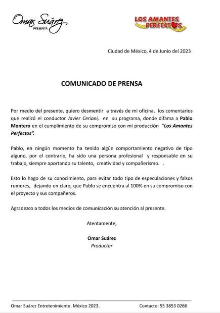 Comunicado aclara comportamiento de Pablo Montero.