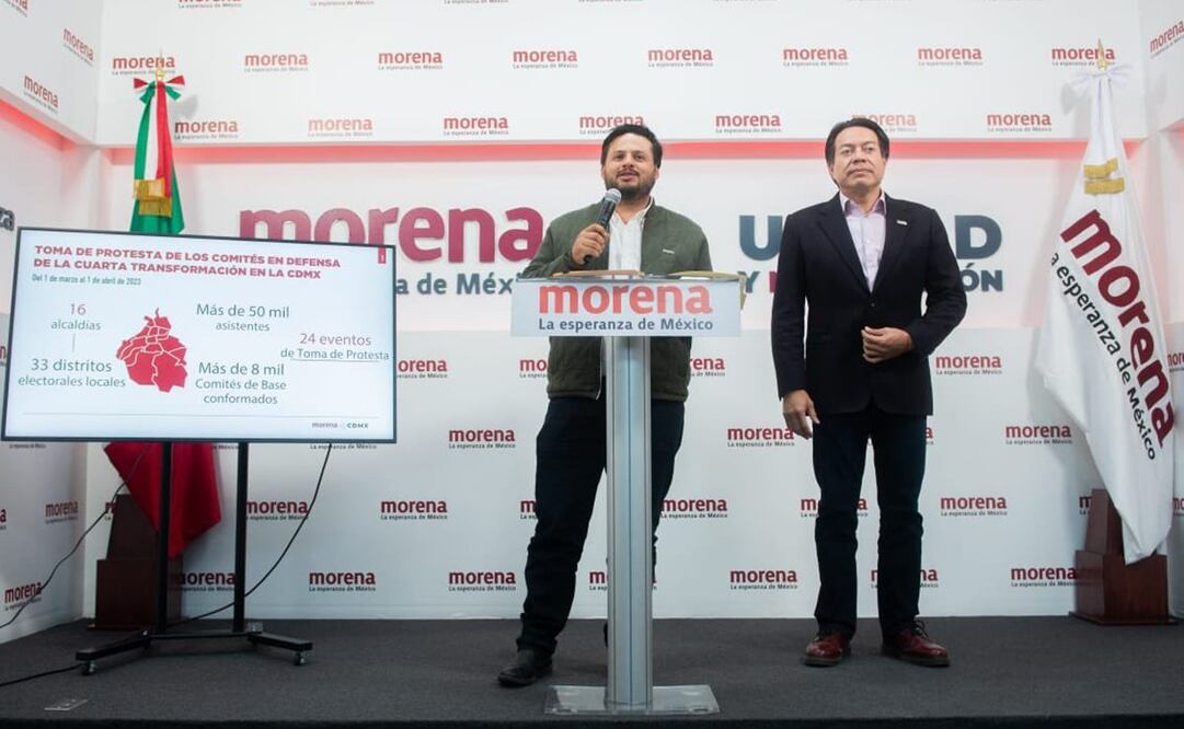 Líderes de Morena, Sebastian Ramírez y Mario Delgado en conferencia de prensa. Foto: Twitter @Sebas_RM