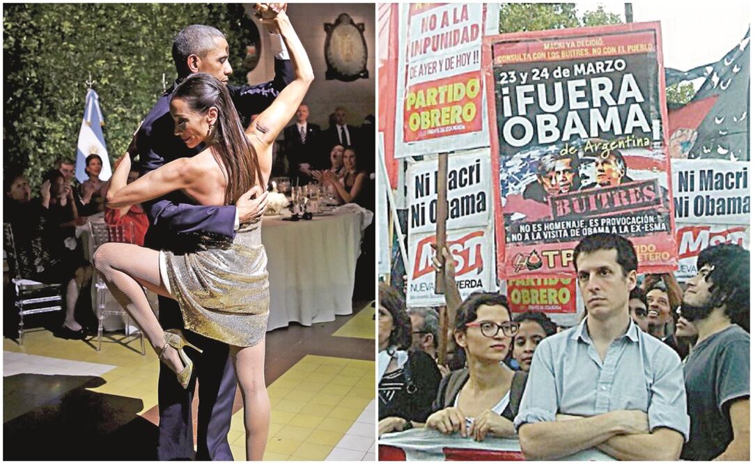 Mientras el presidente de EU bailaba tango en la cena de Estado que le ofreció su par argentino, Mauricio Macri, en las calles la gente protestaba por la visita (EFE)
