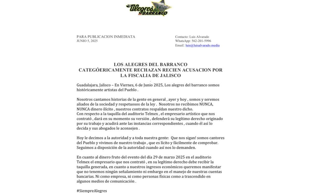 Comunicado de Los Alegres del Barranco donde rechazan acusaciones de la Fiscalía de Jalisco por recursos ilícitos (06/06/2025). Foto: Especial