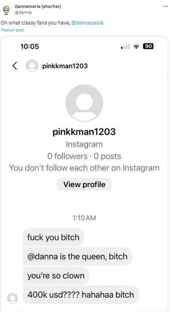 Aseguran que Danna Paola incitó a seguidores a acosar a usuaria en X, quien exhibió la situación.