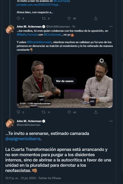 Ackerman invita a Epigmenio "a serenarse”; chocan en redes por elecciones internas de Morena 