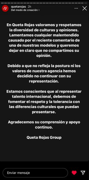 La agencia de modelaje Queta Rojas Modelos da un comunicado ante la situacion de la estadounidense.
Foro: Captura de pantalla