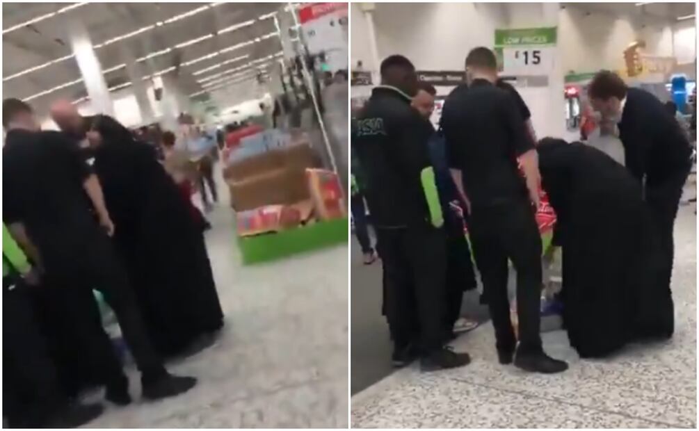 Luego de ser descubierta, la mujer se vio obligada a dejar en el piso del supermercado los artículos que llevaba. Foto: X