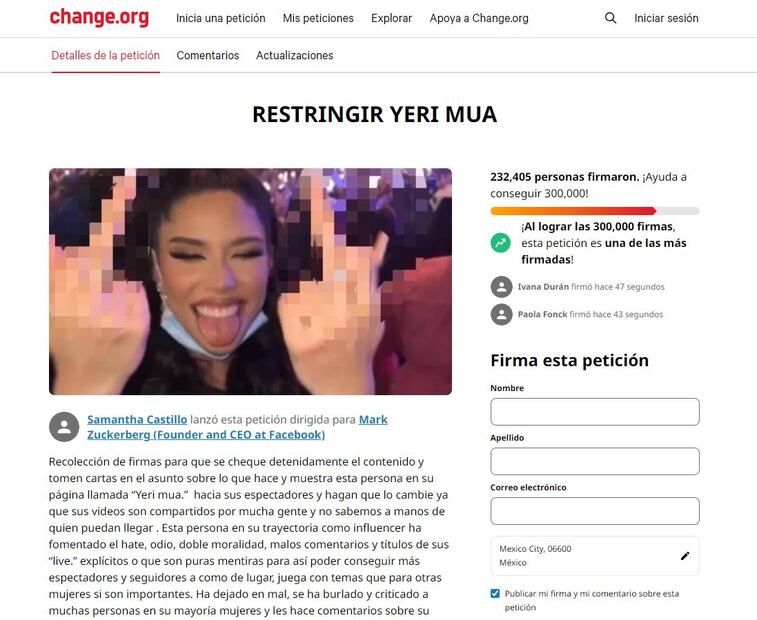 Internautas lanzaron una petición a través de change.org para cancelar a Yeri Mua / Foto: Captura de pantalla