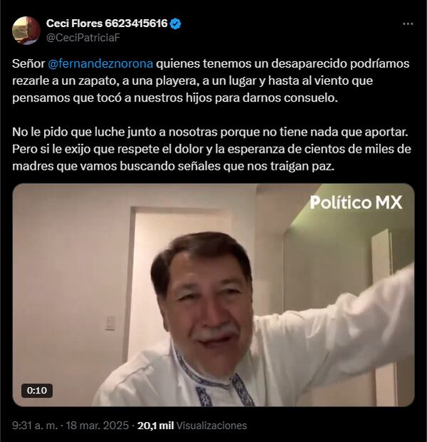 Publicación de Ceci Flores donde reacciona a comentarios de Gerardo Fernández Noroña. Foto: captura de pantalla