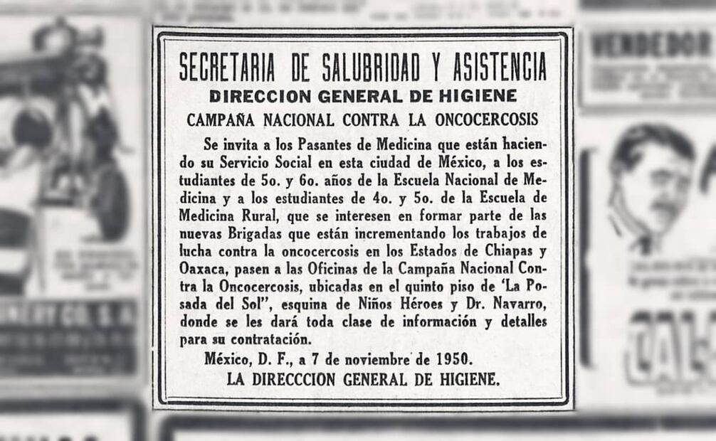 Aviso en EL UNIVERSAL, el 8 de noviembre de 1950, donde se solicita a estudiantes de medicina que quisieran formar parte de las brigadas de acción contra la oncocercosis en Oaxaca y Chiapas. Años antes, el 13 de abril de 1935, el Diario Oficial de la Federación emitió el reglamento nacional de campaña contra la “enchocercosis”. Foto: Hemeroteca EL UNIVERSAL.