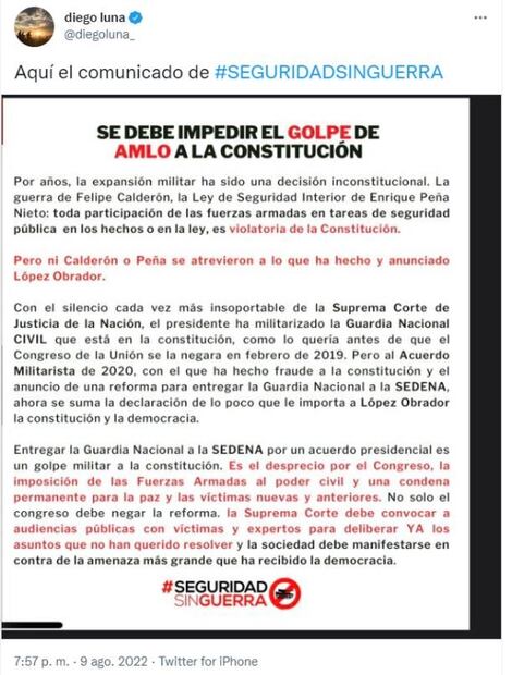 Diego Luna critica a AMLO por dar "golpe militar a la constitución"