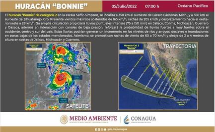 Huracán "Bonnie", categoría 2, se localiza frente a las costas de Guerrero y Michoacán