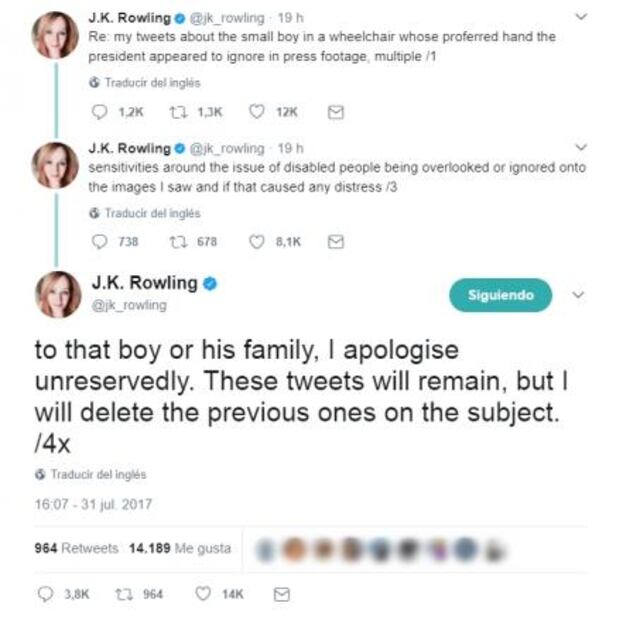 J.K. Rowling se disculpa por crítica a Donald Trump