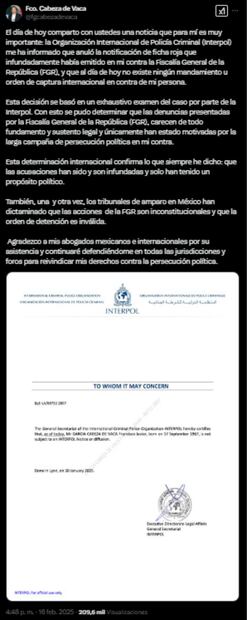Francisco García Cabeza de Vaca, exgobernador de Tamaulipas, afirmó este 17 de febrero que la Interpol quitó su ficha roja. Foto: Captura de pantalla de la cuenta de X de @fgcabezadevaca