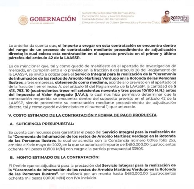 Gobierno federal gasta casi medio millón en ceremonia de inhumación de Arnoldo Martínez Verdugo