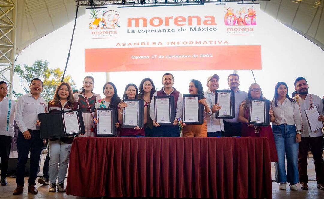 Luisa María Alcalde, presidenta nacional de Morena durante la sesión informativa de Morena  en Oaxaca este 17 de noviembre del 2024. Foto: Especial