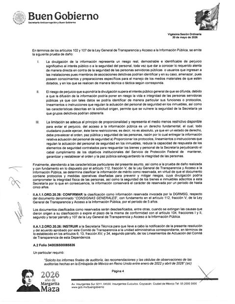 El Órgano Interno de Control de la Secretaría de Relaciones Exteriores (SRE) encontró diversas anomalías en la Embajada de México en Reino Unido —entre 2022 y 2026—, cuyas observaciones no fueron atendidas en su totalidad, por lo que se está elaborando un Informe de Irregularidades Detectadas para que se proceda conforme a la Ley General de
Responsabilidades Administrativas. Sin embargo, la Cancillería mexicana reservó por cinco años las irregularidades debido a la integración del antes mencionado documento.