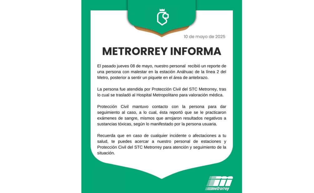 Comunicado del Sistema de Transporte Colectivo Metrorrey sobre pinchazo (10/05/2025). Foto: Especial