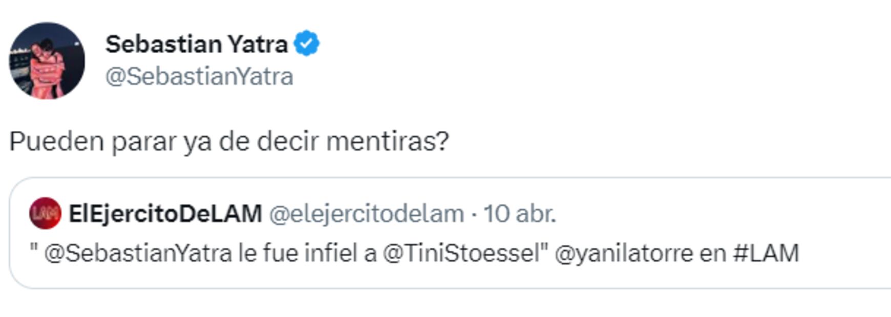 Sebastián Yatra responde a especulaciones de infidelidad. Foto Twitter.