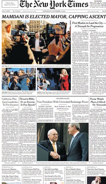 La portada del diario The New York Times destacó ampliamente el triunfo de Zohran Mamdani en Nueva York y de las candidatas demócratas en Virginia y Nueva Jersey. FOTO: ESPECIAL