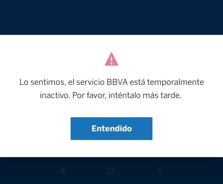 Pantallazo con la leyenda que despliega la app de BBVA. FOTO: tomada de redes