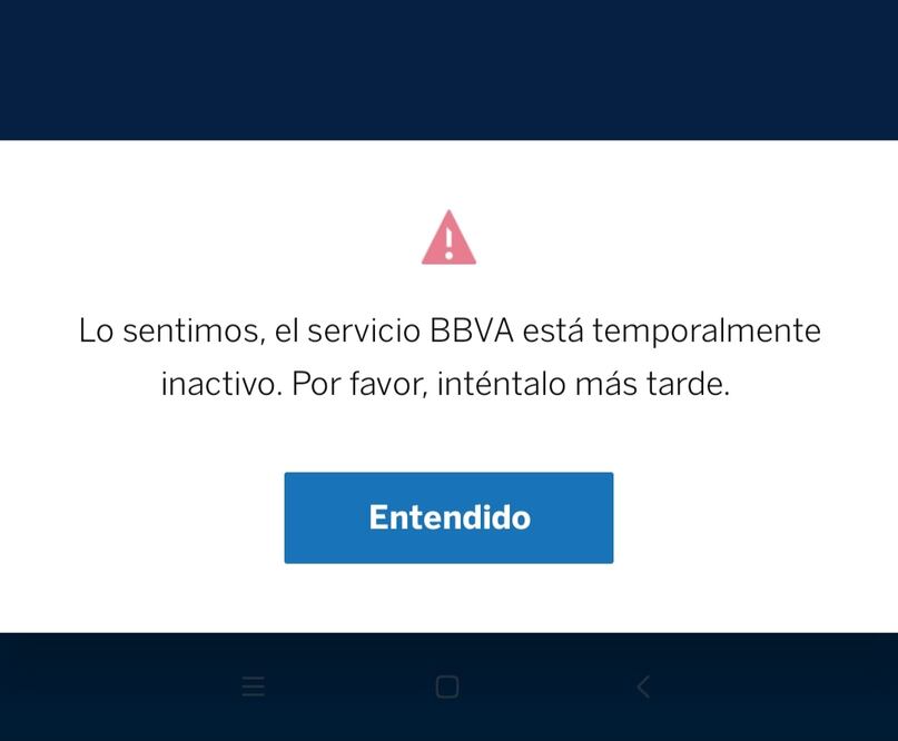 Pantallazo con la leyenda que despliega la app de BBVA. FOTO: tomada de redes