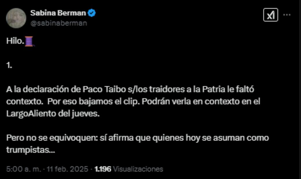 La periodista Sabina Berman explica porque bajó un clip de la entrevista con Paco Ignacio Taibo. Foto: Captura de pantalla de la cuenta de X de @sabinaberman
