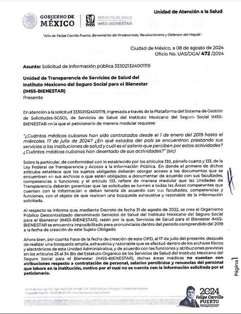 El IMSS-Bienestar afirma no contar con datos de contrataciones de médicos desde 2019.