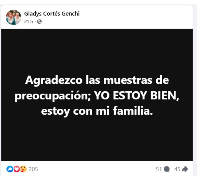 Publicación de Gladys Cortés Genchi en redes sociales. Foto: Facebook - Gladys Cortés Genchi