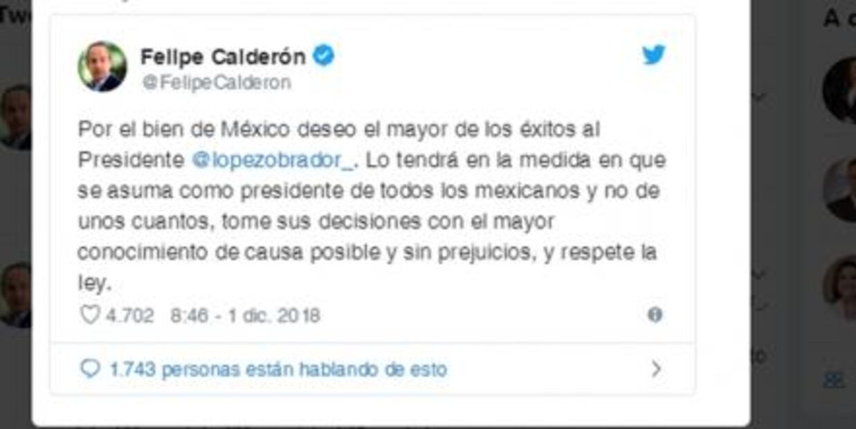 Felipe Calderón desea éxito al presidente López Obrador 