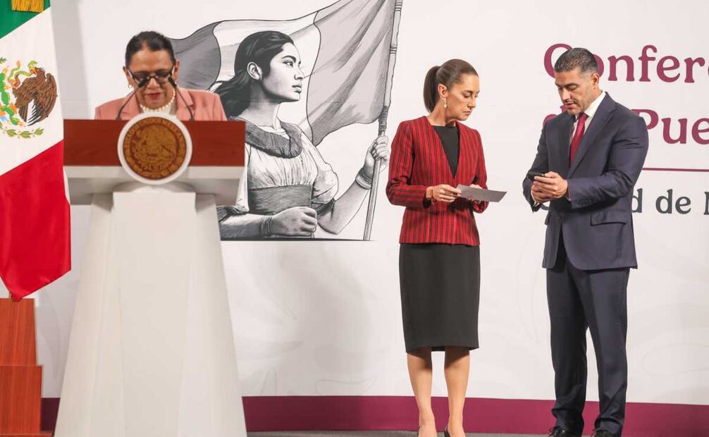 La presidenta Claudia Sheibaum y Omar García Harfuch, titular de la SSPC, durante la mañanera de este 20 de mayo del 2025. Foto: Axel Sánchez / EL UNIVERSAL