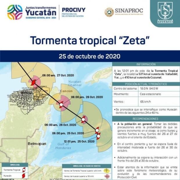 Huracán "Zeta" pegaría al oriente de Yucatán con fuertes lluvias