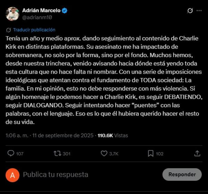 El comediante mexicano dijo sentirse profundamente impactado y llamó a rendirle homenaje con diálogo y debate, en lugar de responder con más violencia.
Foto: Captura de pantalla en X