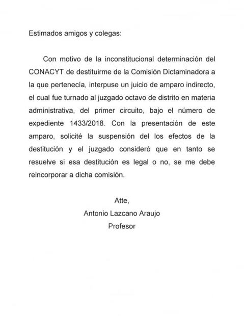 Juez ordena restituir a Antonio Lazcano a Comisión del SNI