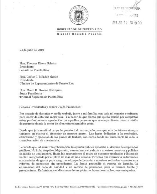 Carta íntegra de la renuncia del gobernador de Puerto Rico